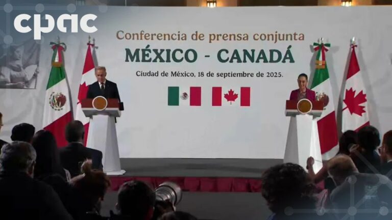 PM Mark Carney and Mexican President Claudia Sheinbaum speak with reporters in Mexico City
